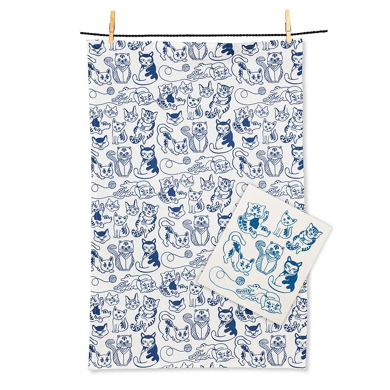 Playful Cats Dishcloth and Kitchen Towel Set
