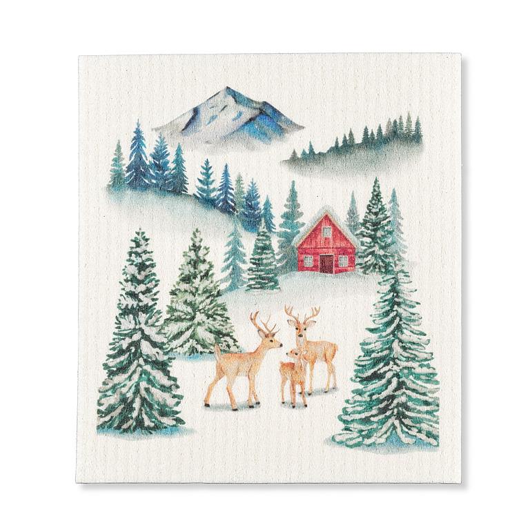 Winter Forest with Cabin Swedish Dish Cloth