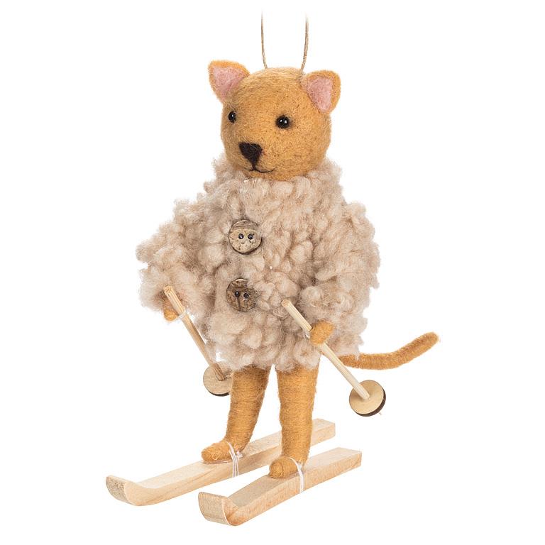 Skiing Cat with Fur Coat Ornament