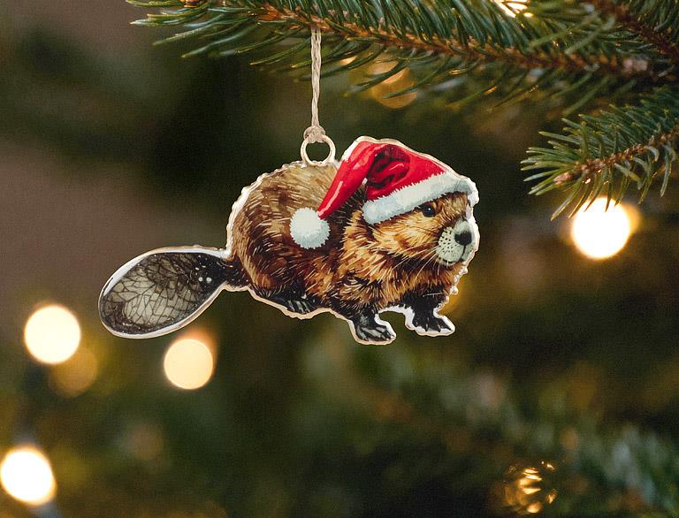Double-Sided Ornament-Beaver in Santa Hat
