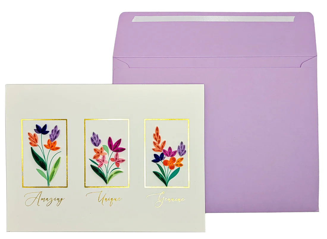 Birthday Card-Quilled Three Flowers Bouquet