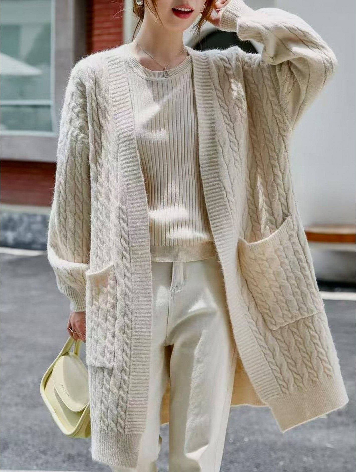 Solid Colour Knitted Cardigan with Pockets