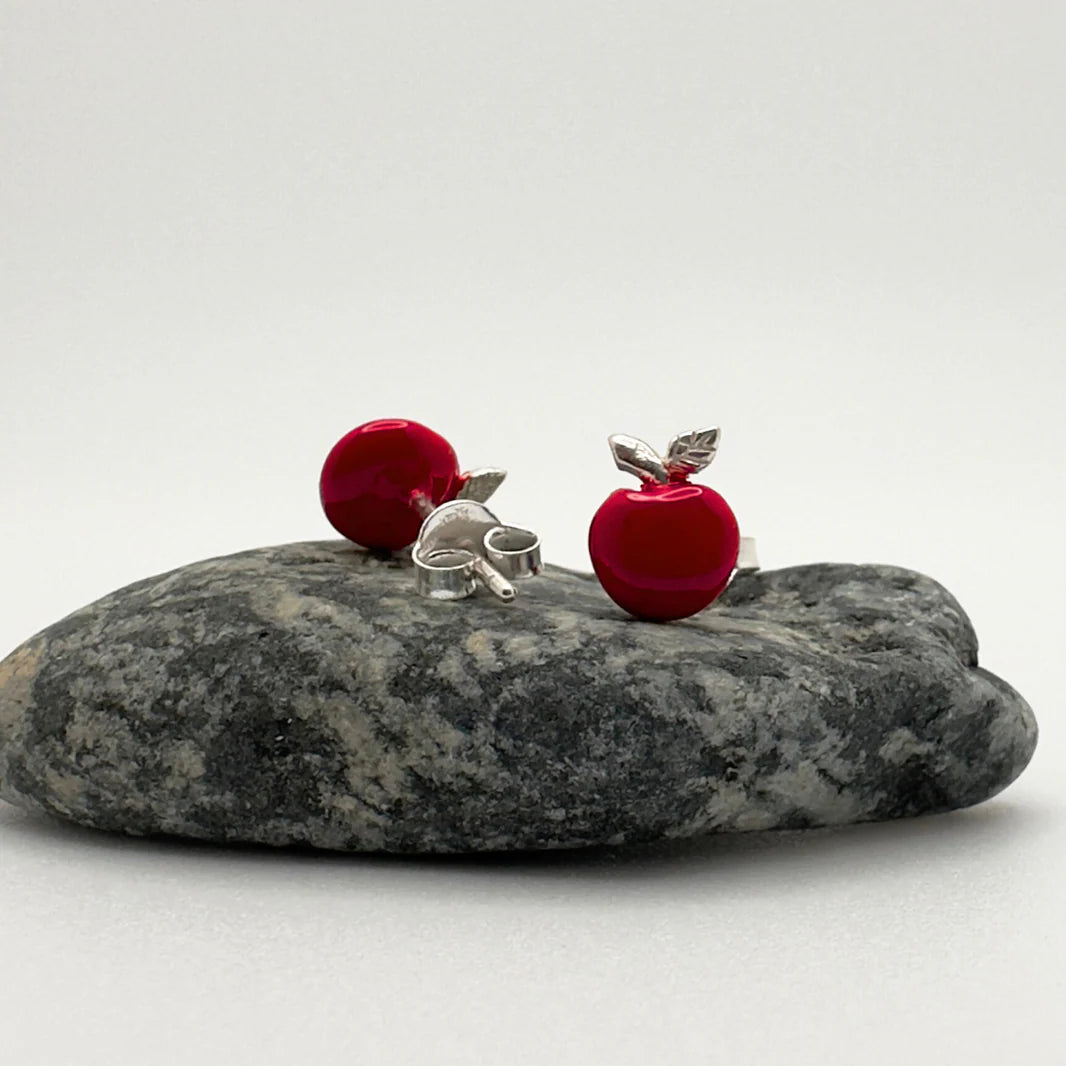 Sweet Temptation Red Apple Stud Earrings – Sterling Silver & Enamel