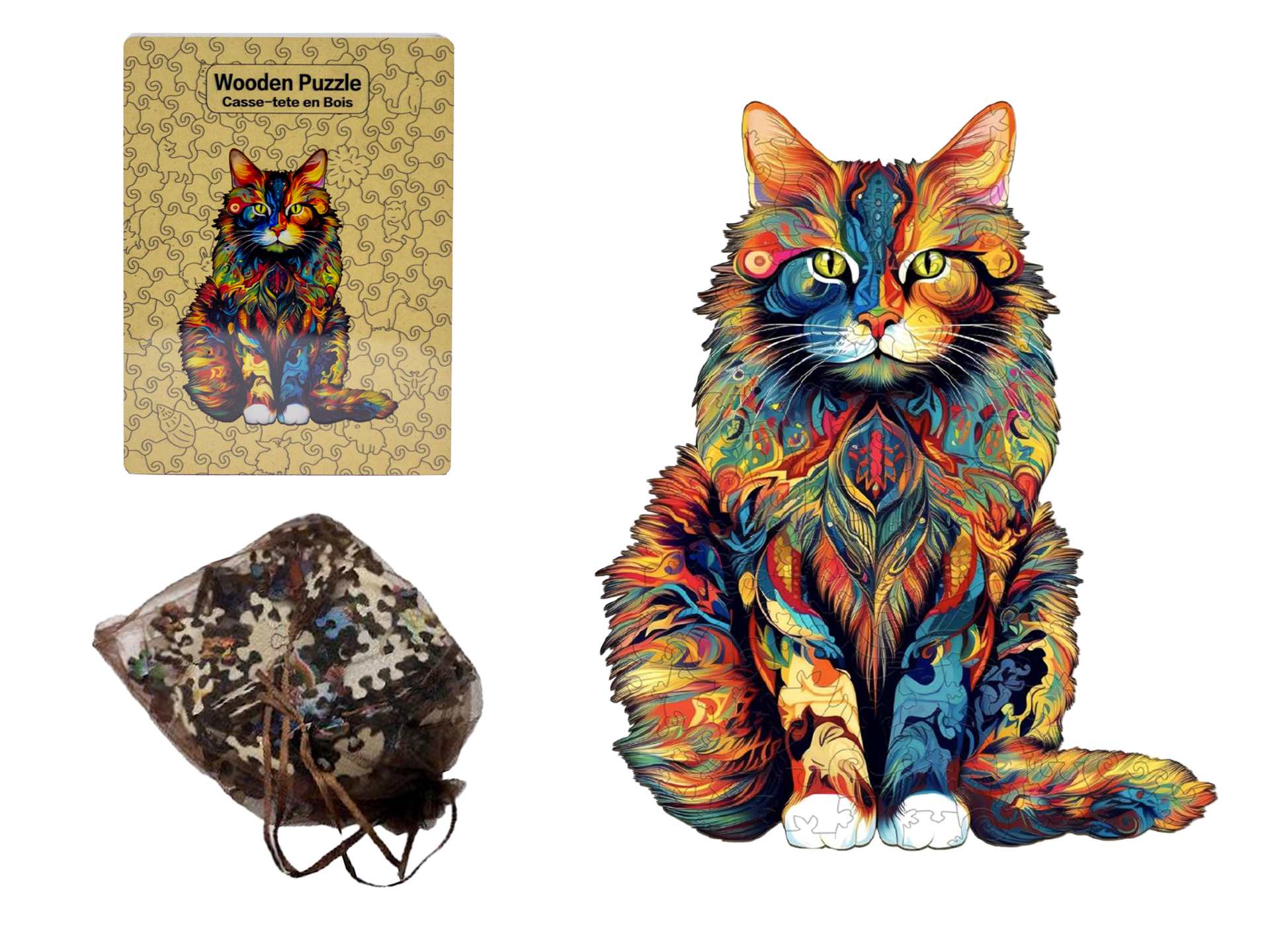 Shaped Wood Puzzle: Colourful Calico Cat