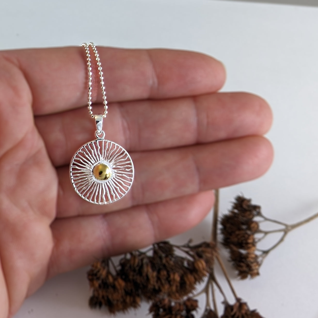 Sunburst Pendant in Sterling Silver with Gold Plate