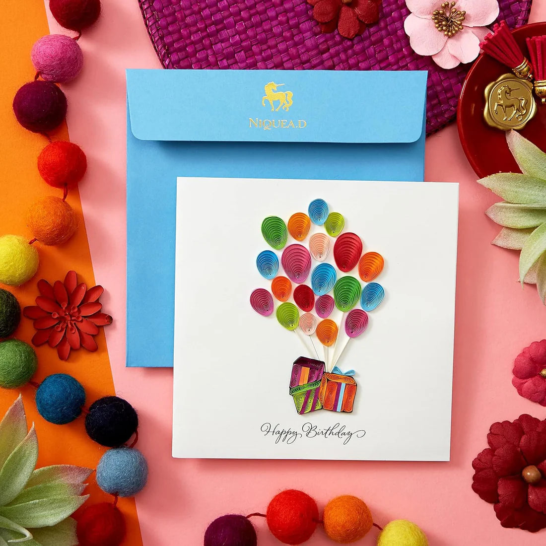 Packages and Balloons Quilled Birthday Card