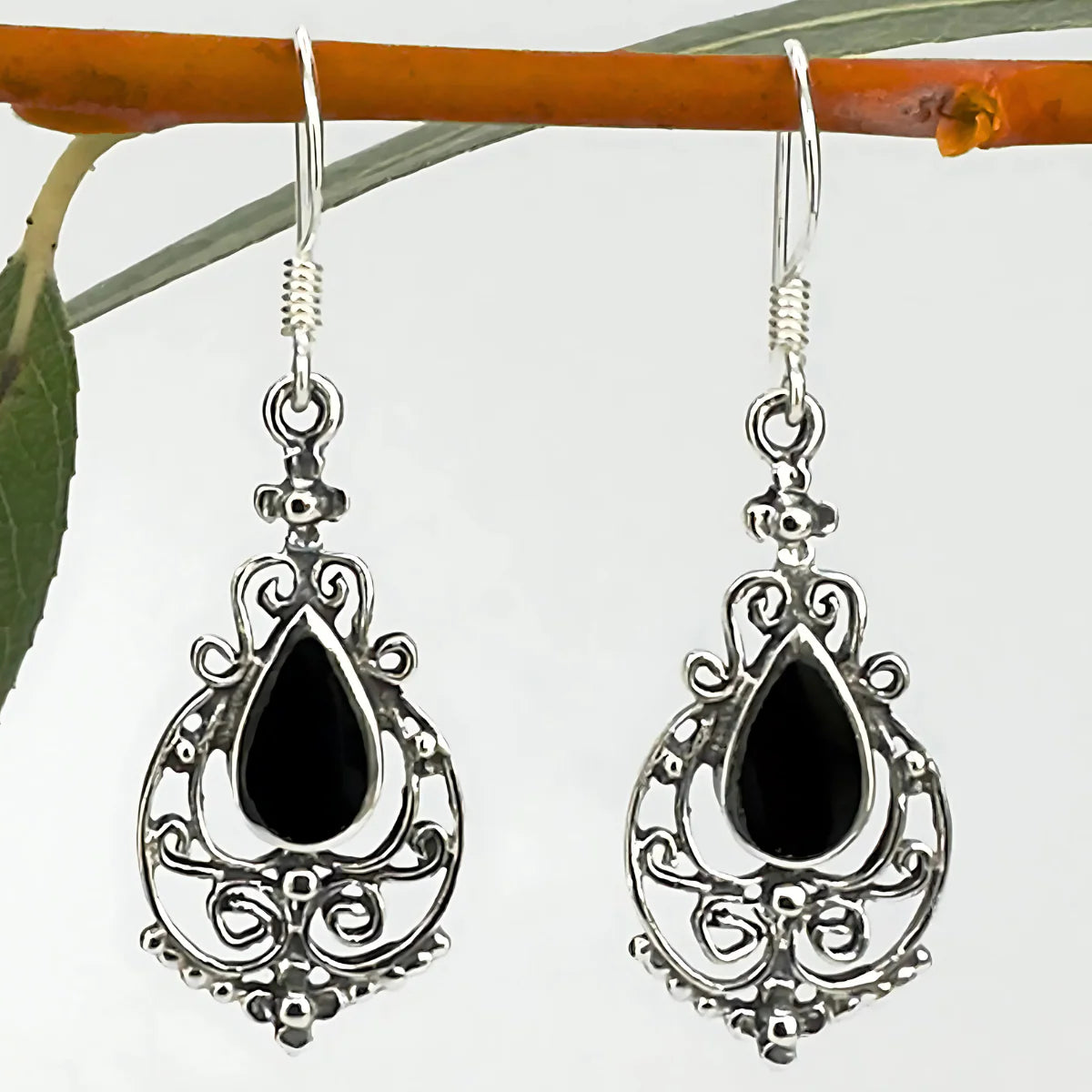 Vintage Look Filigree Earrings with Coloured Teardrop