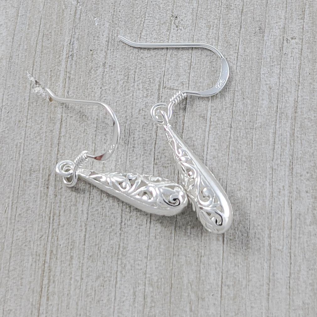 Filigree Teardrop Earrings, Sterling Silver