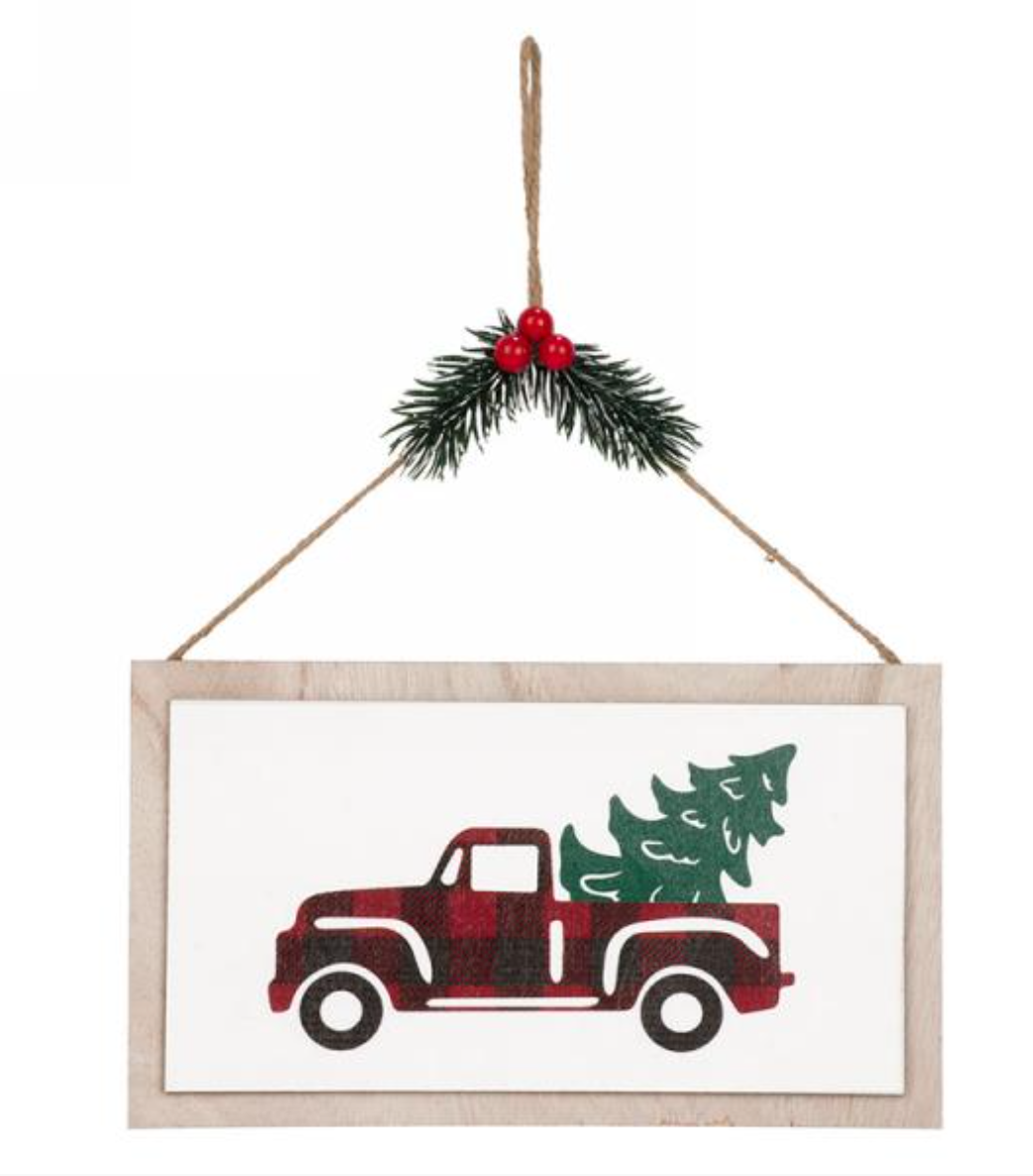 Hanging Plaque -Red Plaid Truck