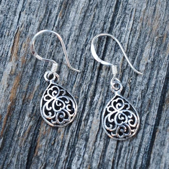 Dainty Teardrop Filigree Dangle Earrings, Sterling Silver