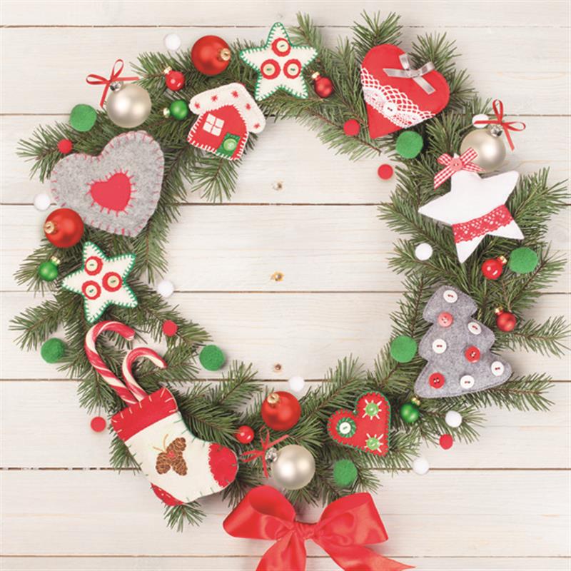 Holiday Paper Napkins: Christmas Wreath with Felt Decorations