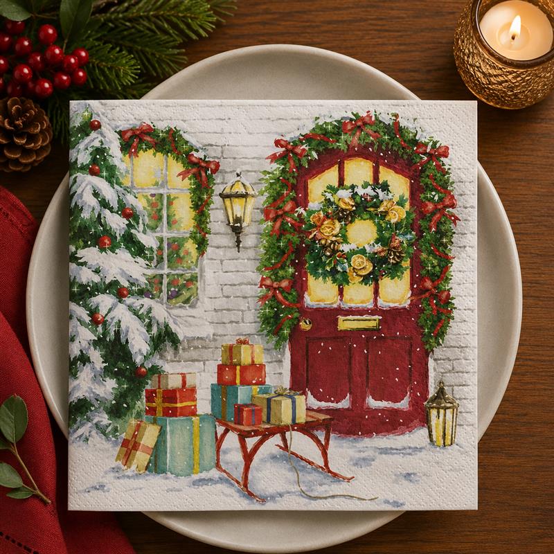 Holiday Paper Napkins: Christmas Door