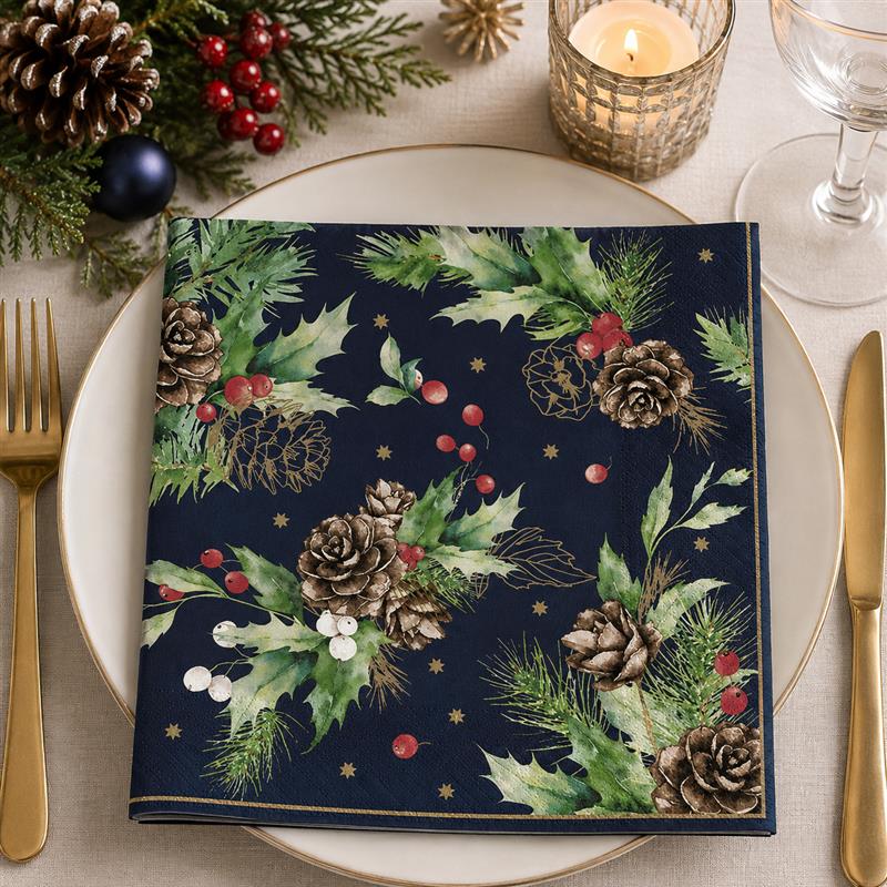 Holiday Paper Napkins: Pine Cones and Holly