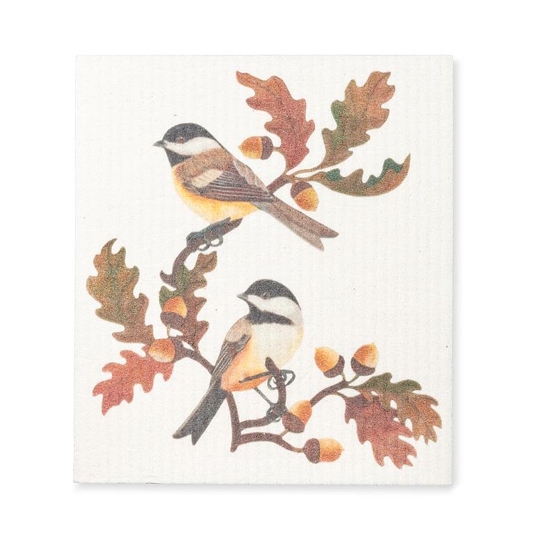 Chickadees & Oak Leaves Swedish Dishcloth