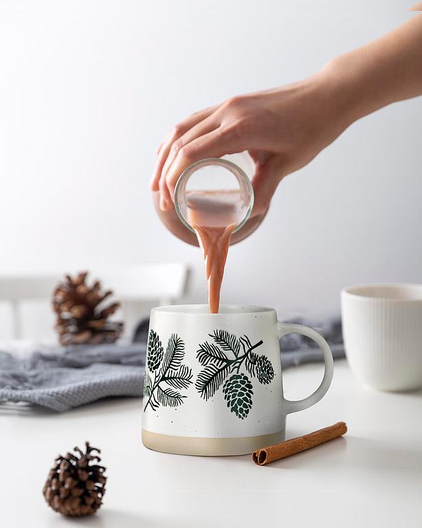 Wide Base Artisan Mug with Pinecones