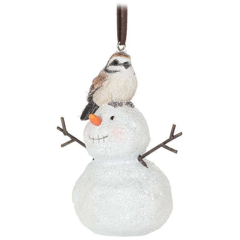 Bird Sitting on Snowman Ornament