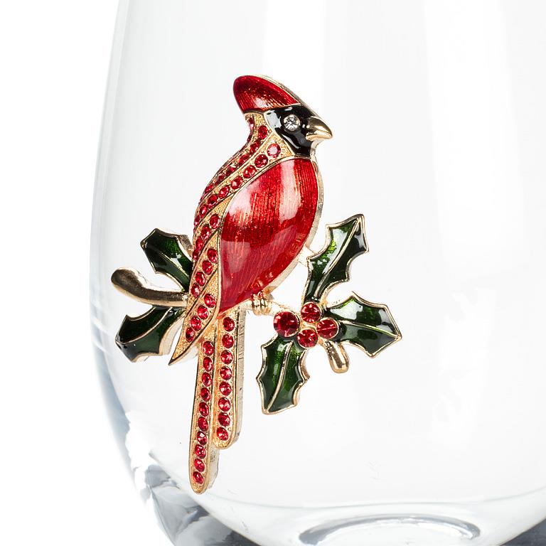 Stemless Wine Glass with Jeweled Cardinal