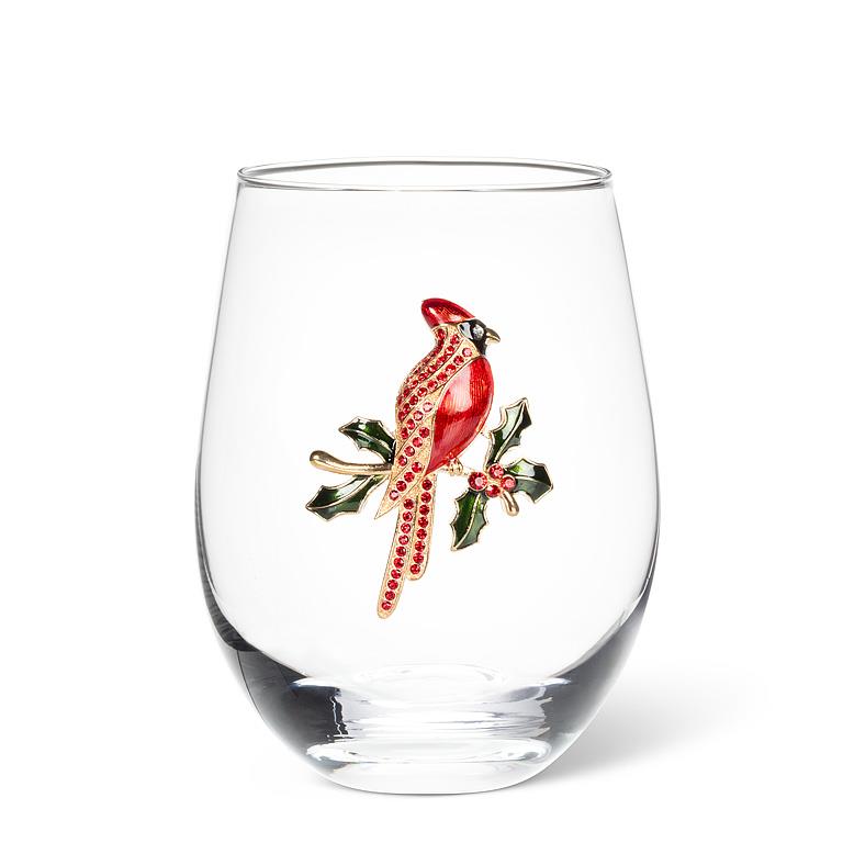 Stemless Wine Glass with Jeweled Cardinal