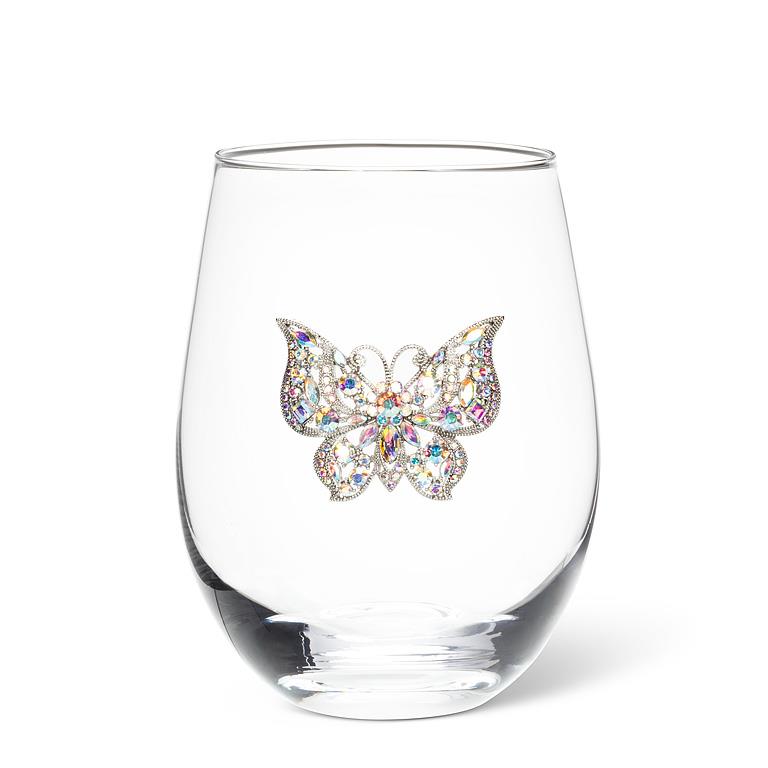 Stemless Wine Glass with Jewelled Butterfly