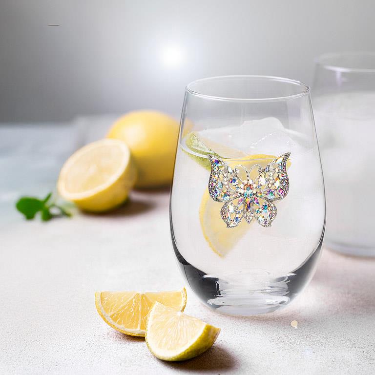 Stemless Wine Glass with Jewelled Butterfly