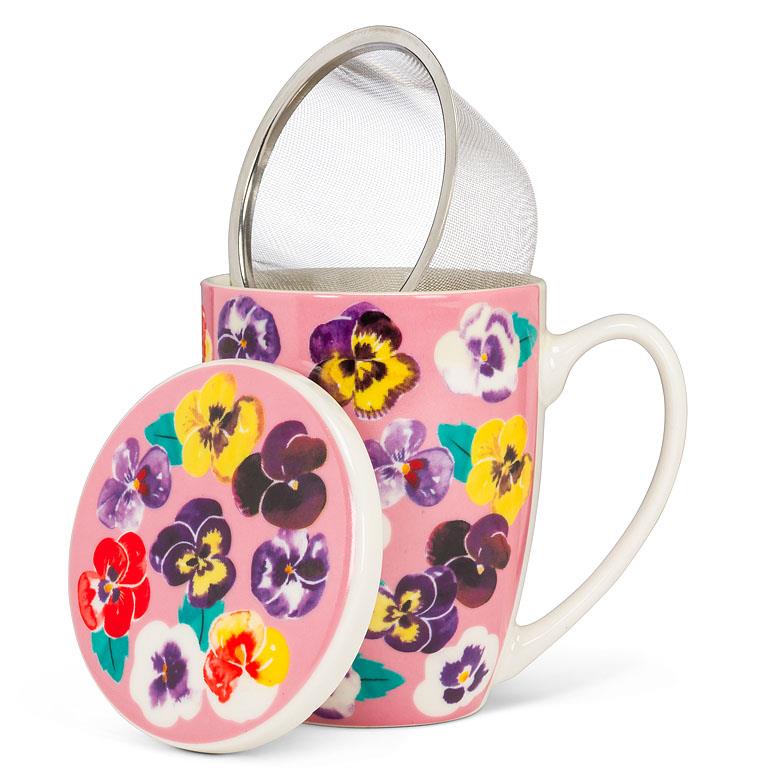 Pansies Covered Mug and Strainer