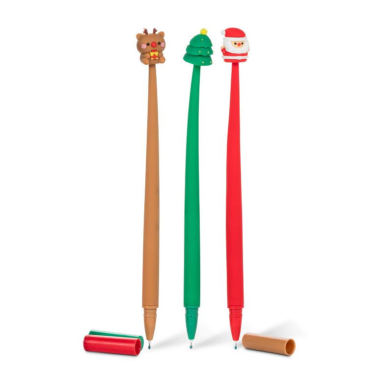 Three Christmas-themed pens with reindeer, tree, and Santa Claus designs on a white background.