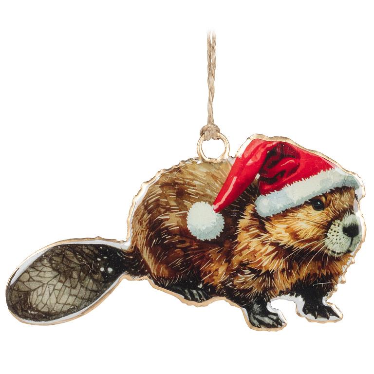 Double-Sided Ornament-Beaver in Santa Hat