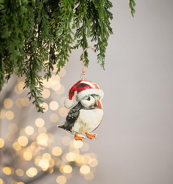Double-Sided Ornament-Puffin in Santa Hat