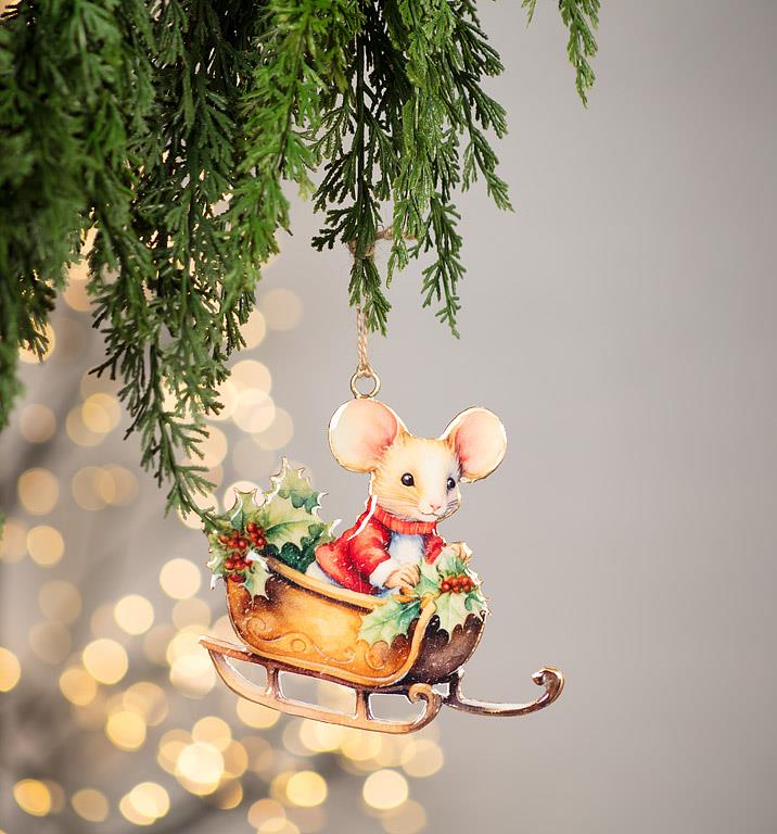 Double-Sided Ornament-Mouse in Sleigh