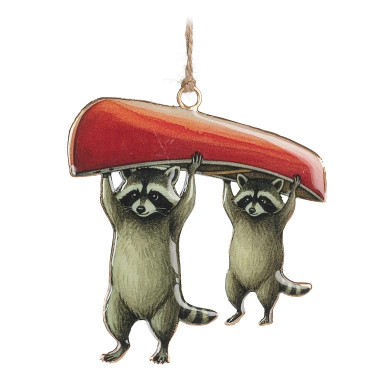 Double-Sided Ornament-Portaging Raccoons w/Canoe