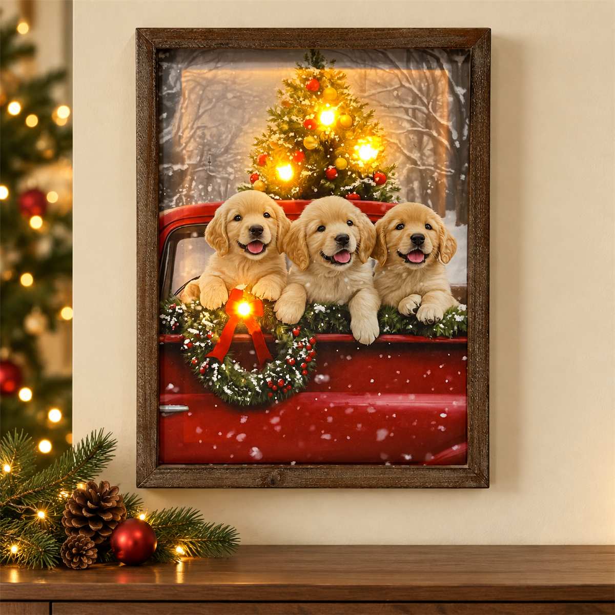 Canvas Art-Dogs in Red Truck with LED Lights