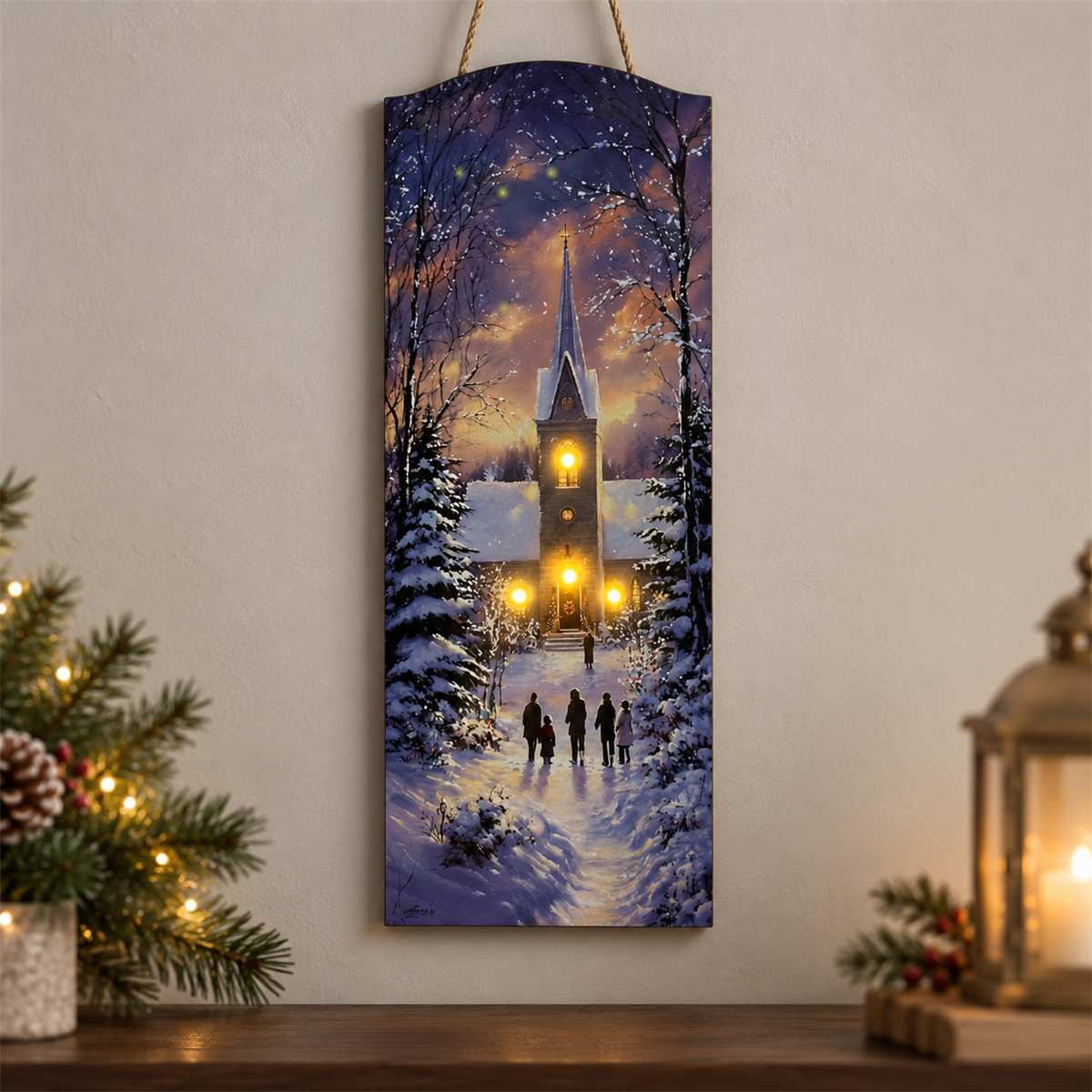Canvas Art with LED Lights-Winter Church Scene