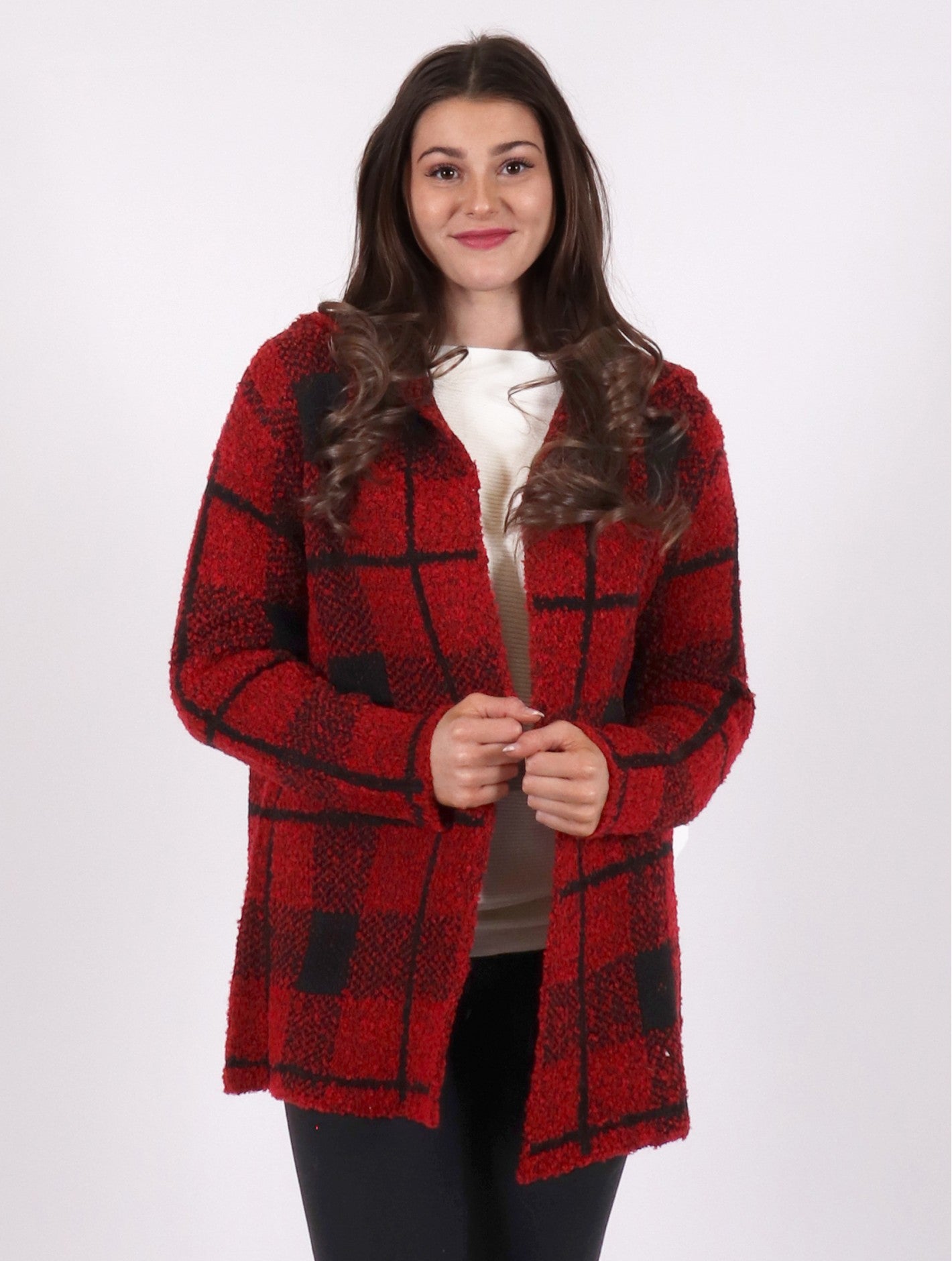 Plaid Fuzzy Knit Cardigan