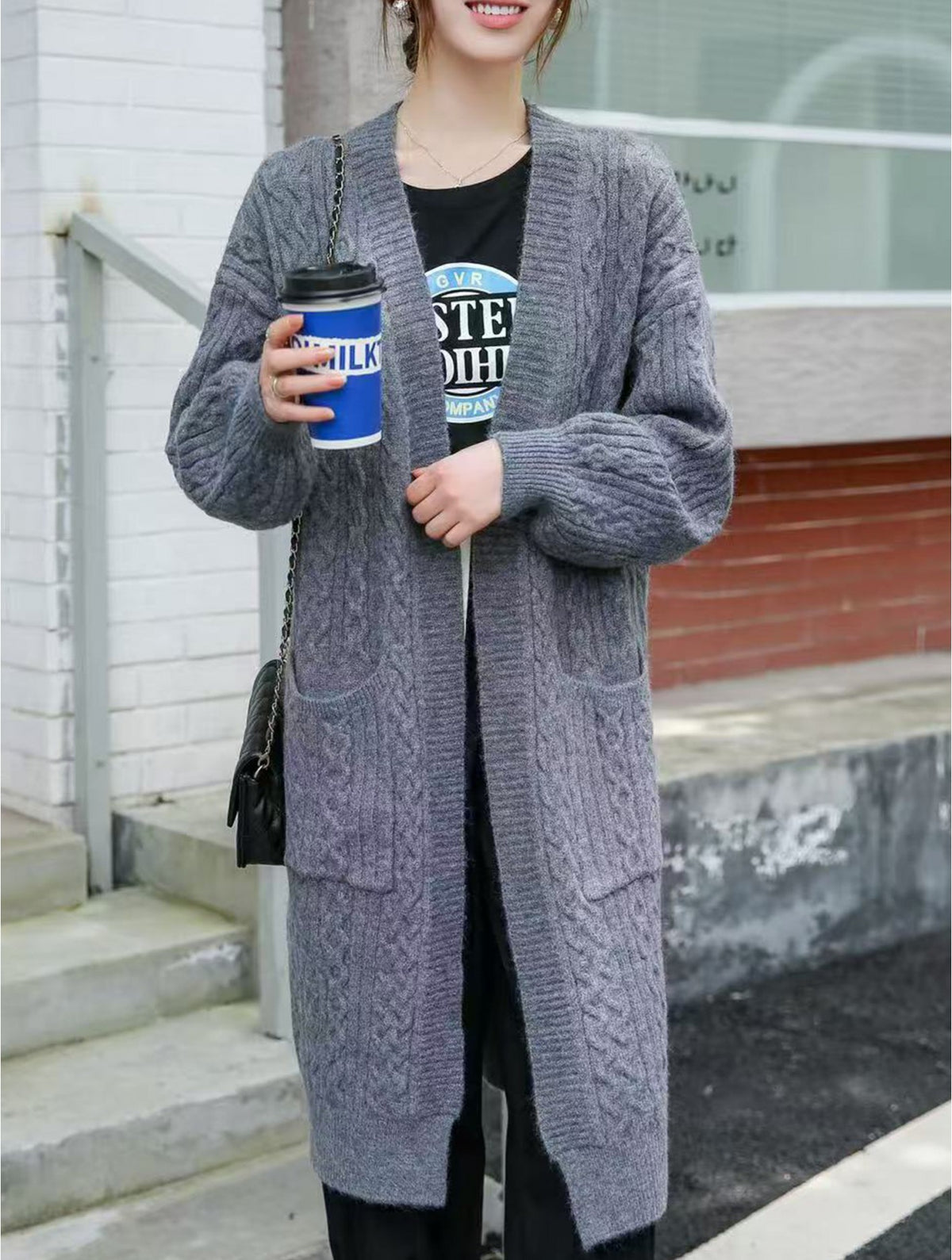 Solid Colour Knitted Cardigan-Dark Grey