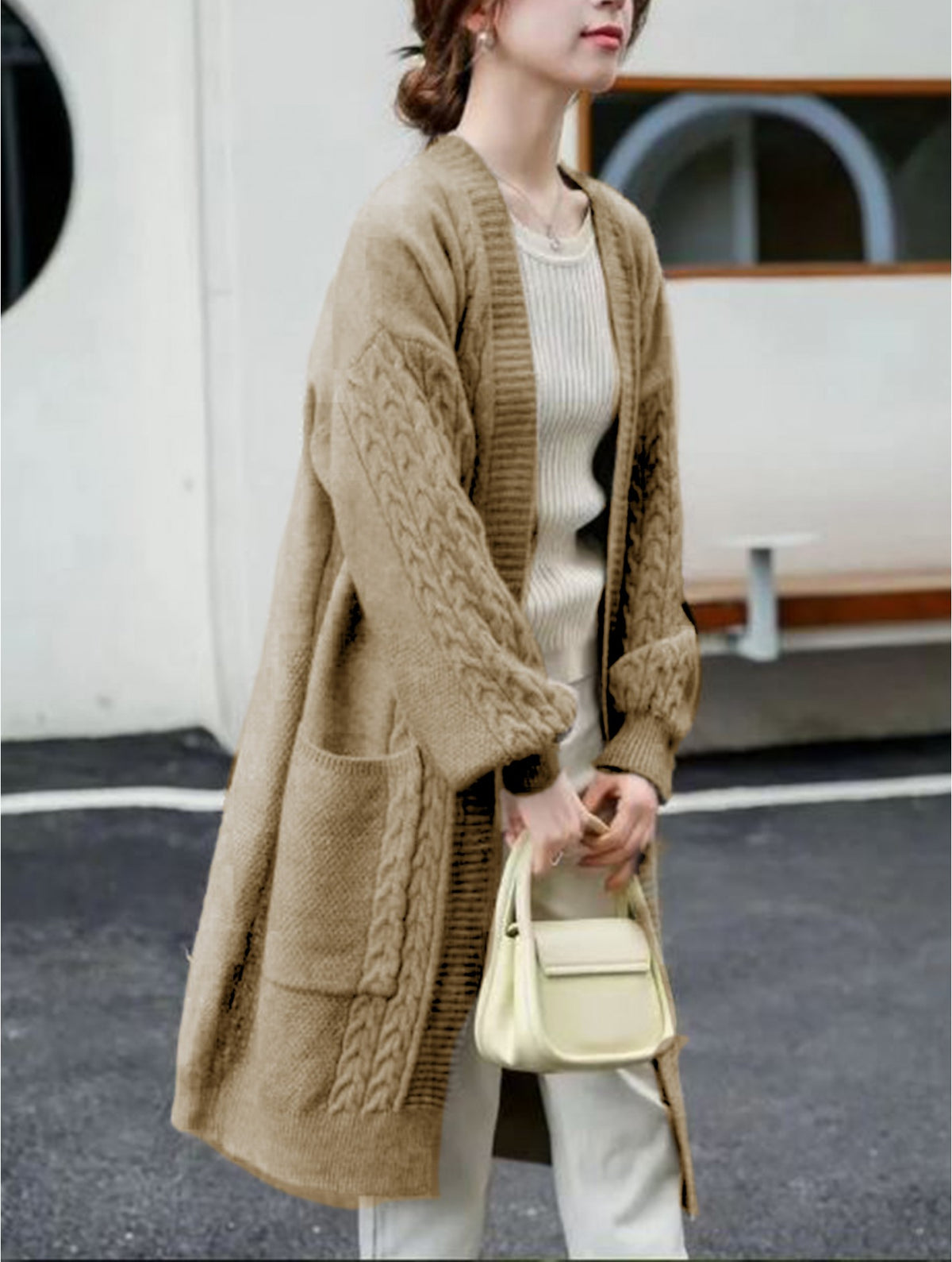 Solid Colour Knitted Cardigan-Khaki
