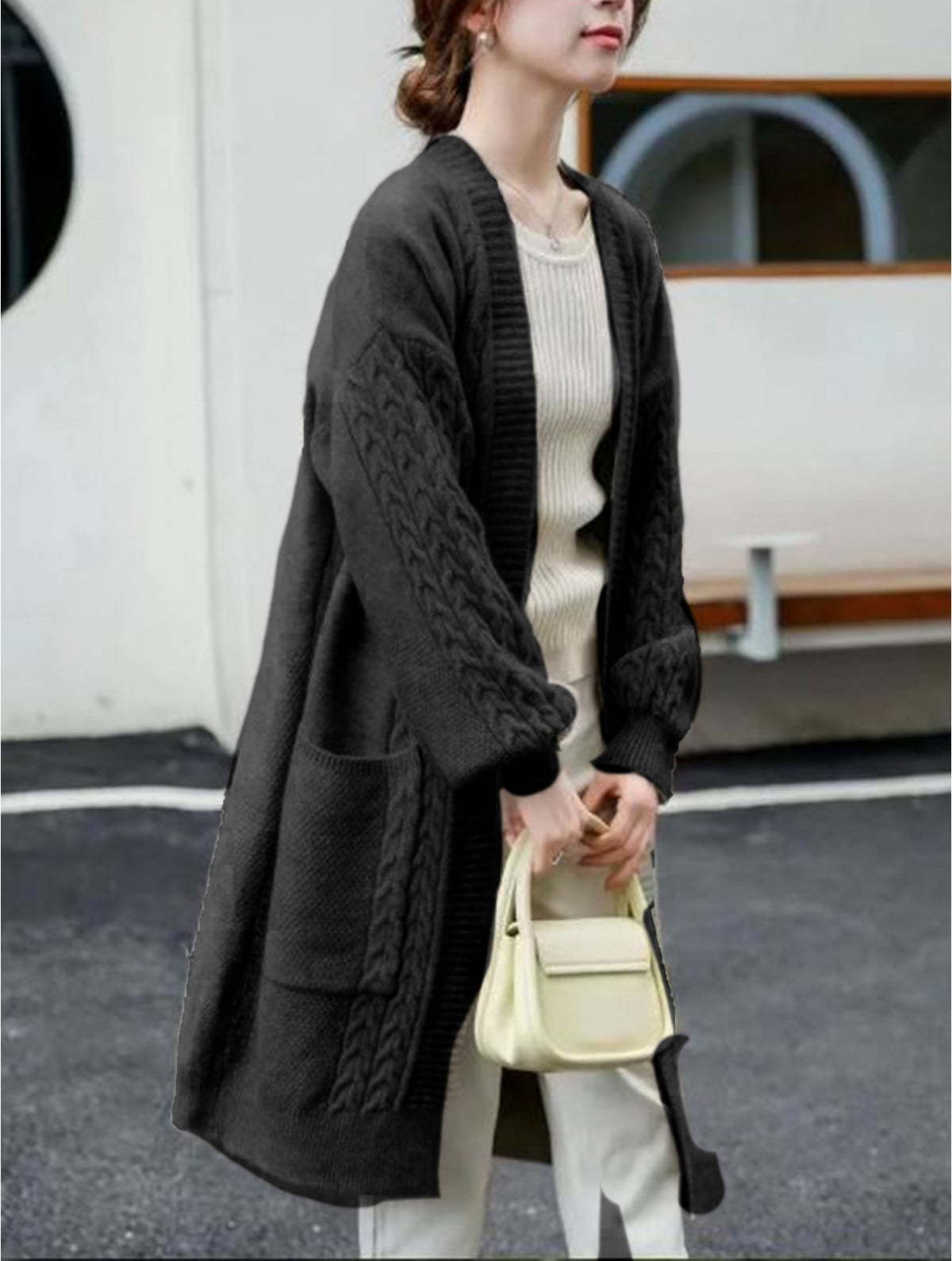 Solid Colour Knitted Cardigan-Black
