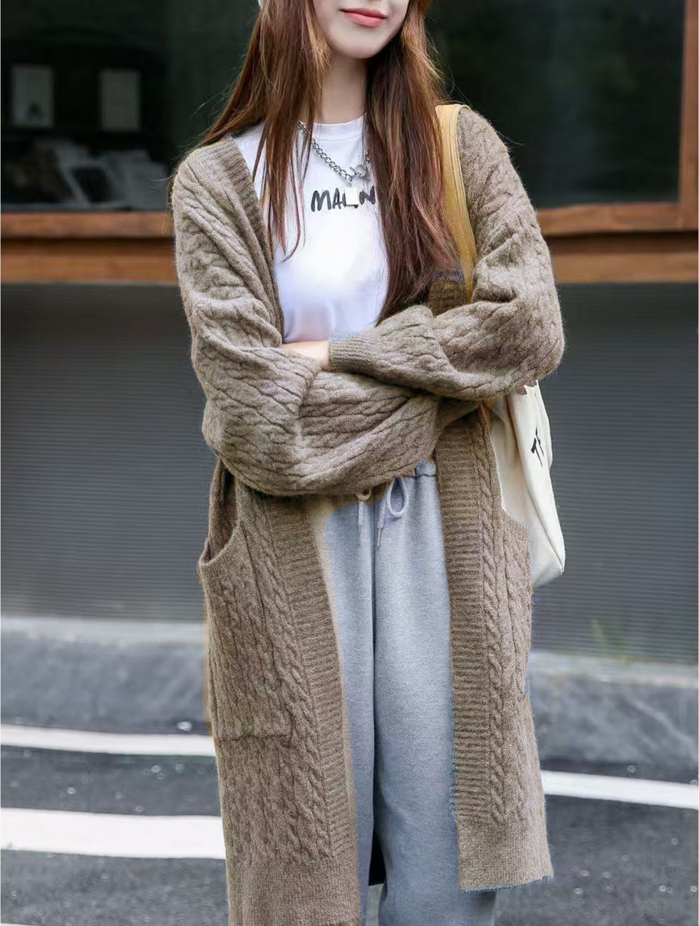 Solid Colour Knitted Cardigan with Pockets