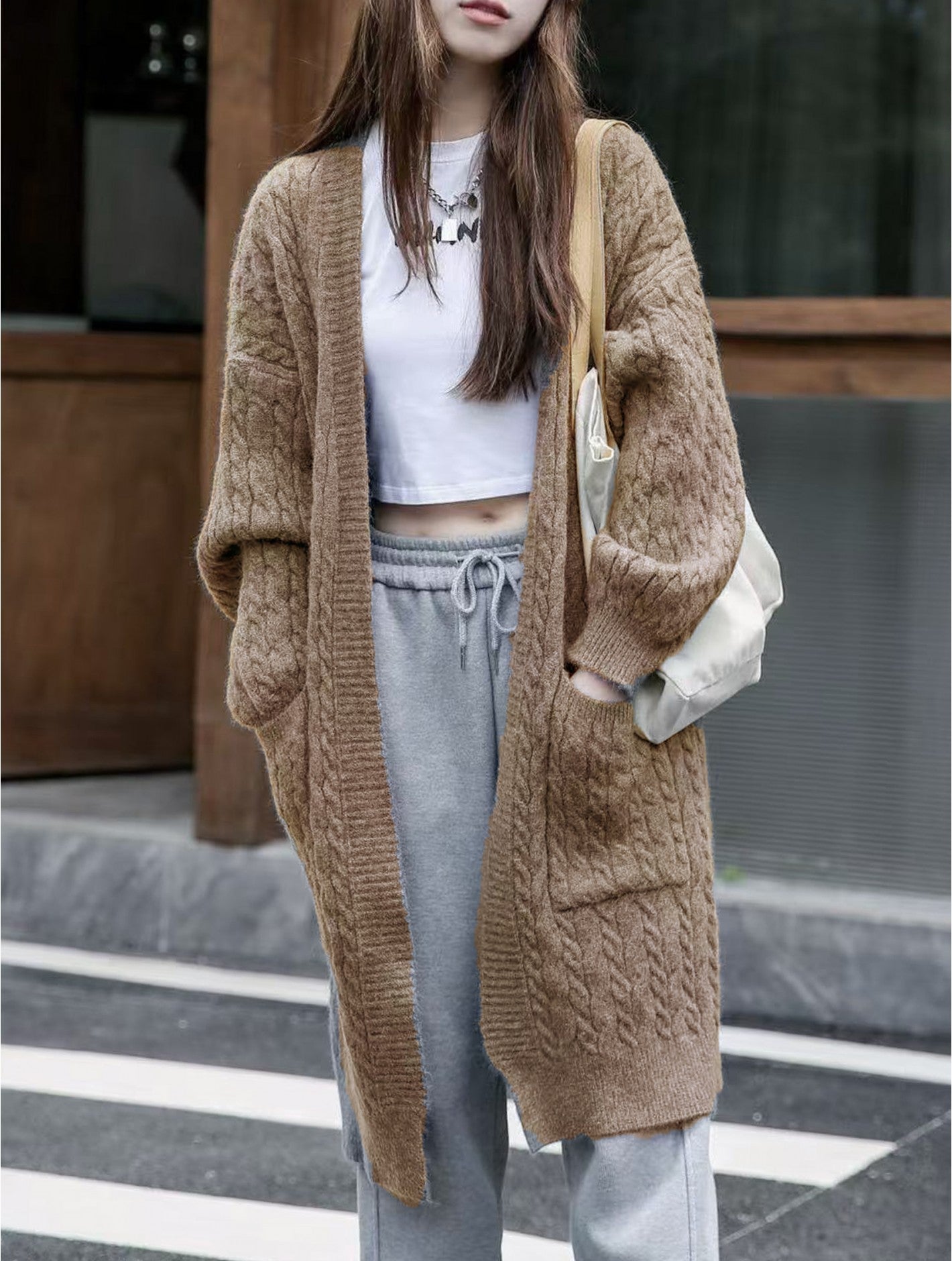 Solid Colour Knitted Cardigan with Pockets