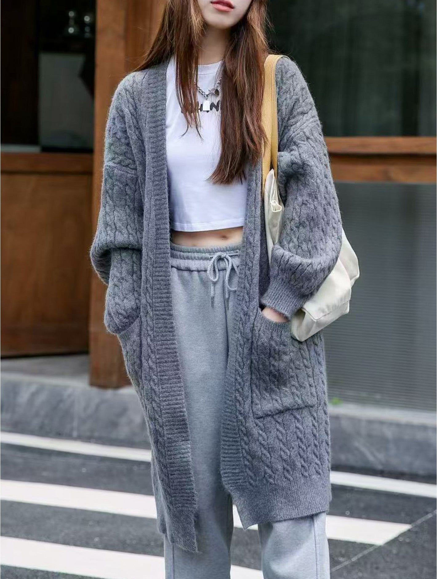 Solid Colour Knitted Cardigan with Pockets