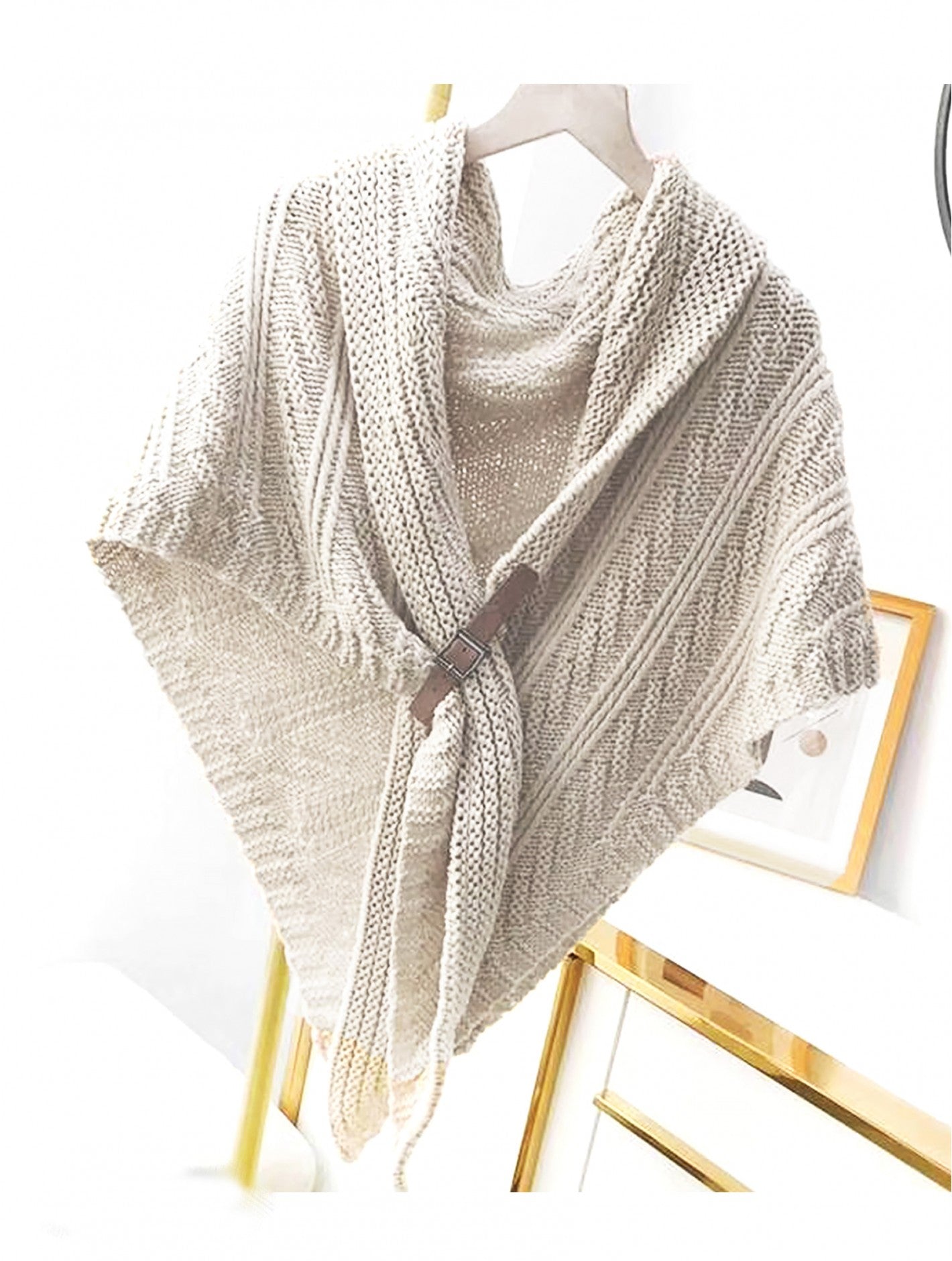 Triangular Knitted Scarf with Buckle