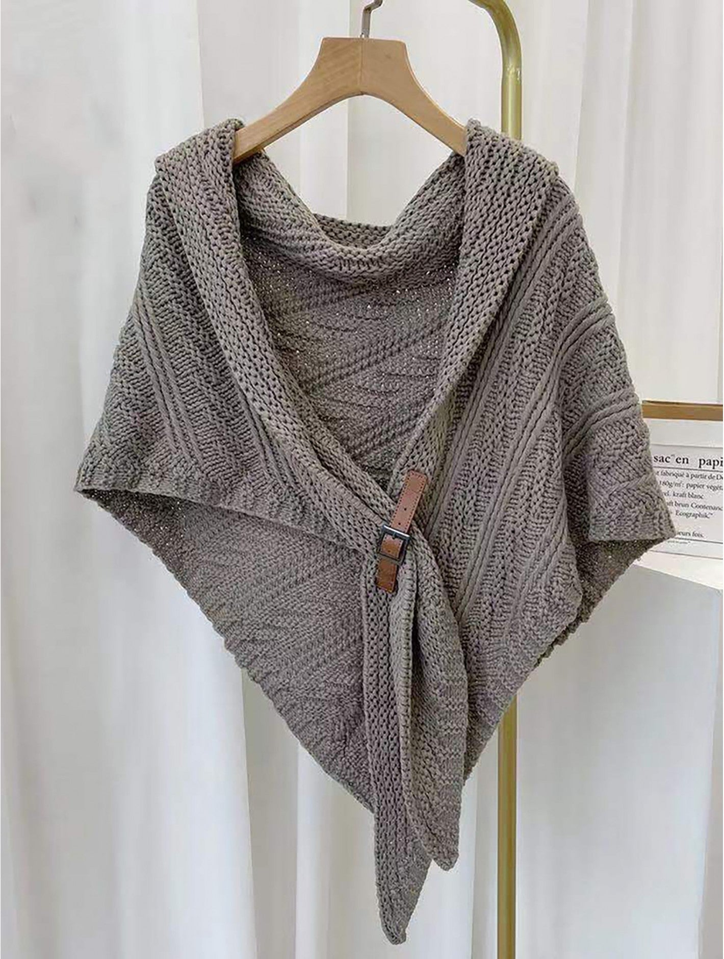 Triangular Knitted Scarf with Buckle