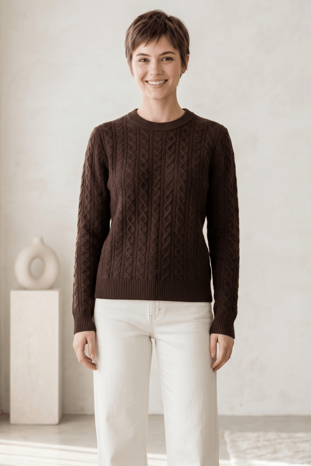 Long Sleeve Crew Neck Sweater with Cable Design
