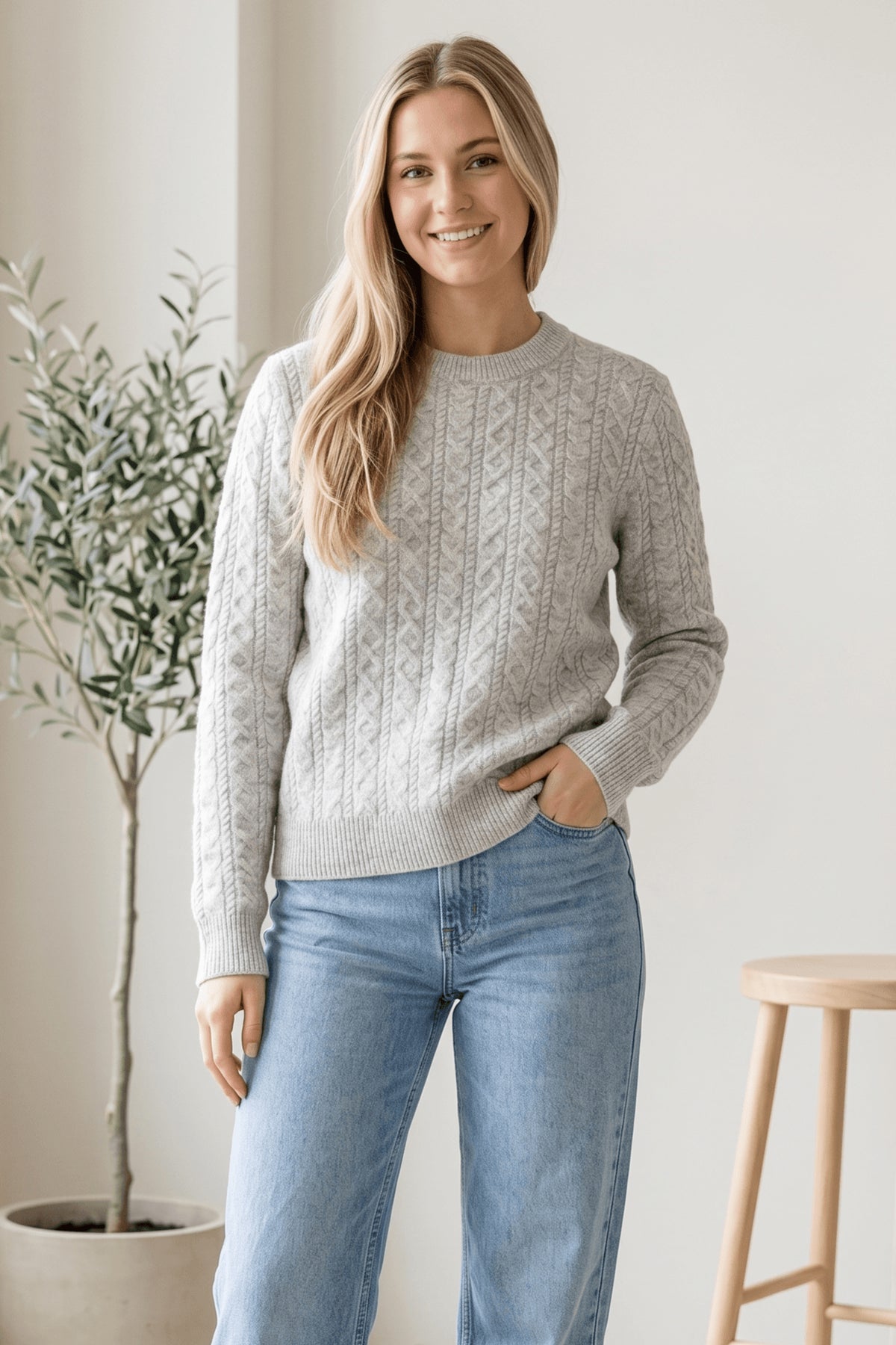 Long Sleeve Crew Neck Sweater with Cable Design