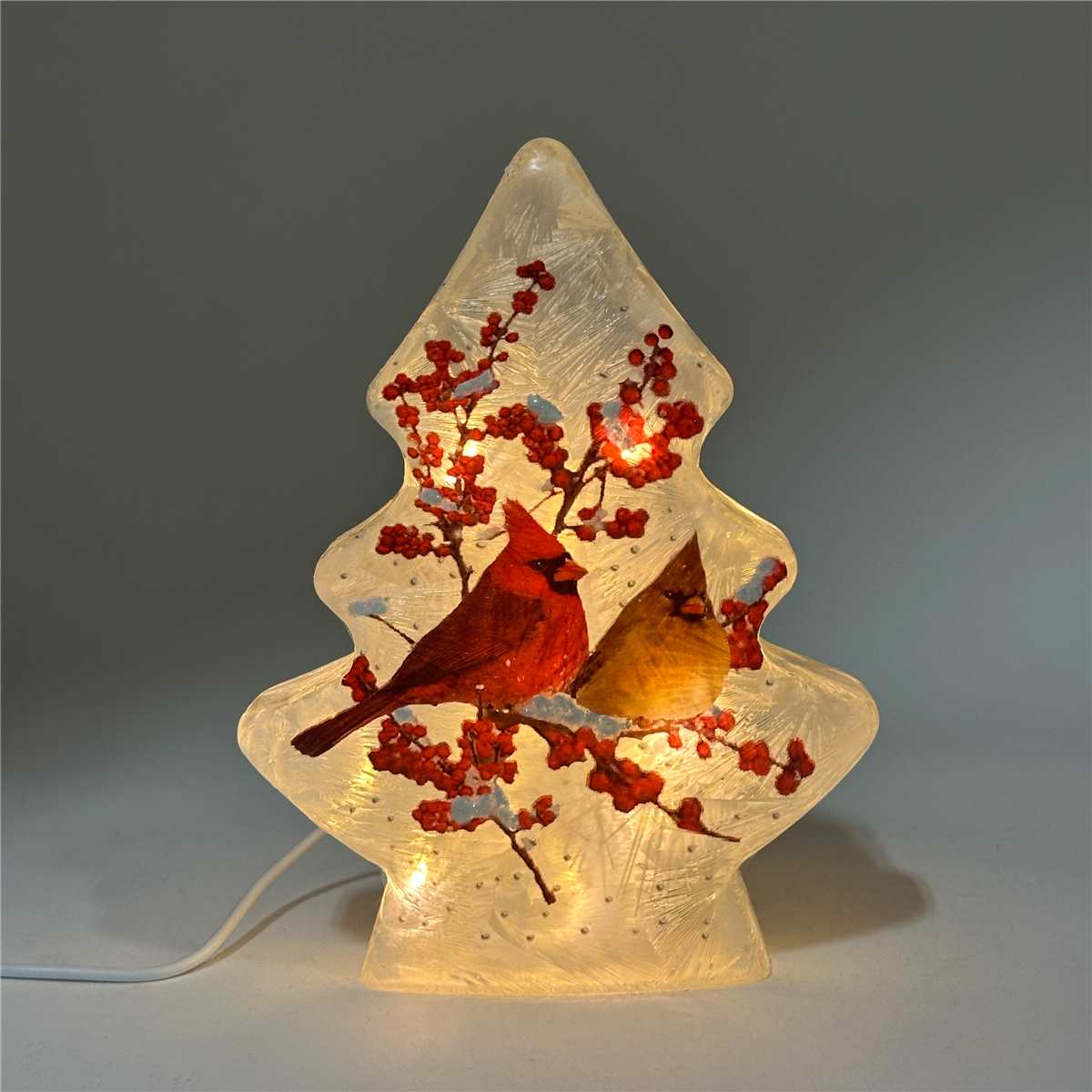 Frosted Glass Tree Shaped Lamp with Cardinal Pair