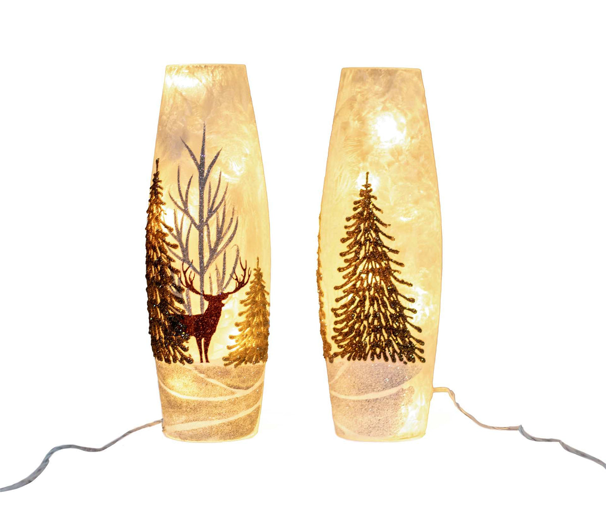 Frosted Glass Lamp-Evergreen Tree or Lamp with Deer