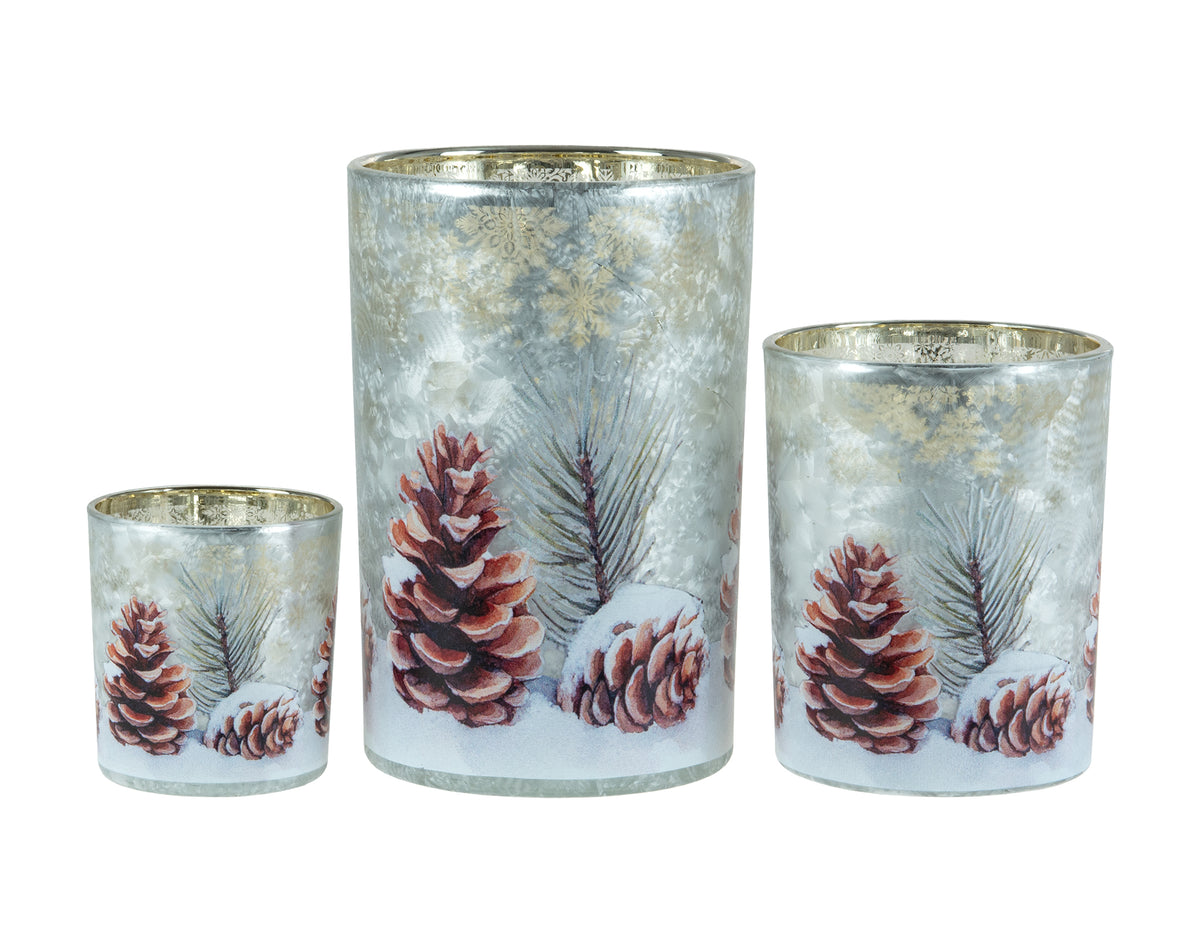 Set of 3 Glass Cylinders with Cones in Snow