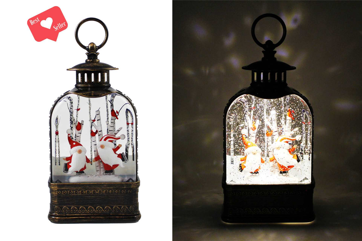 Water Globe Lantern-Skating Santa Gnomes