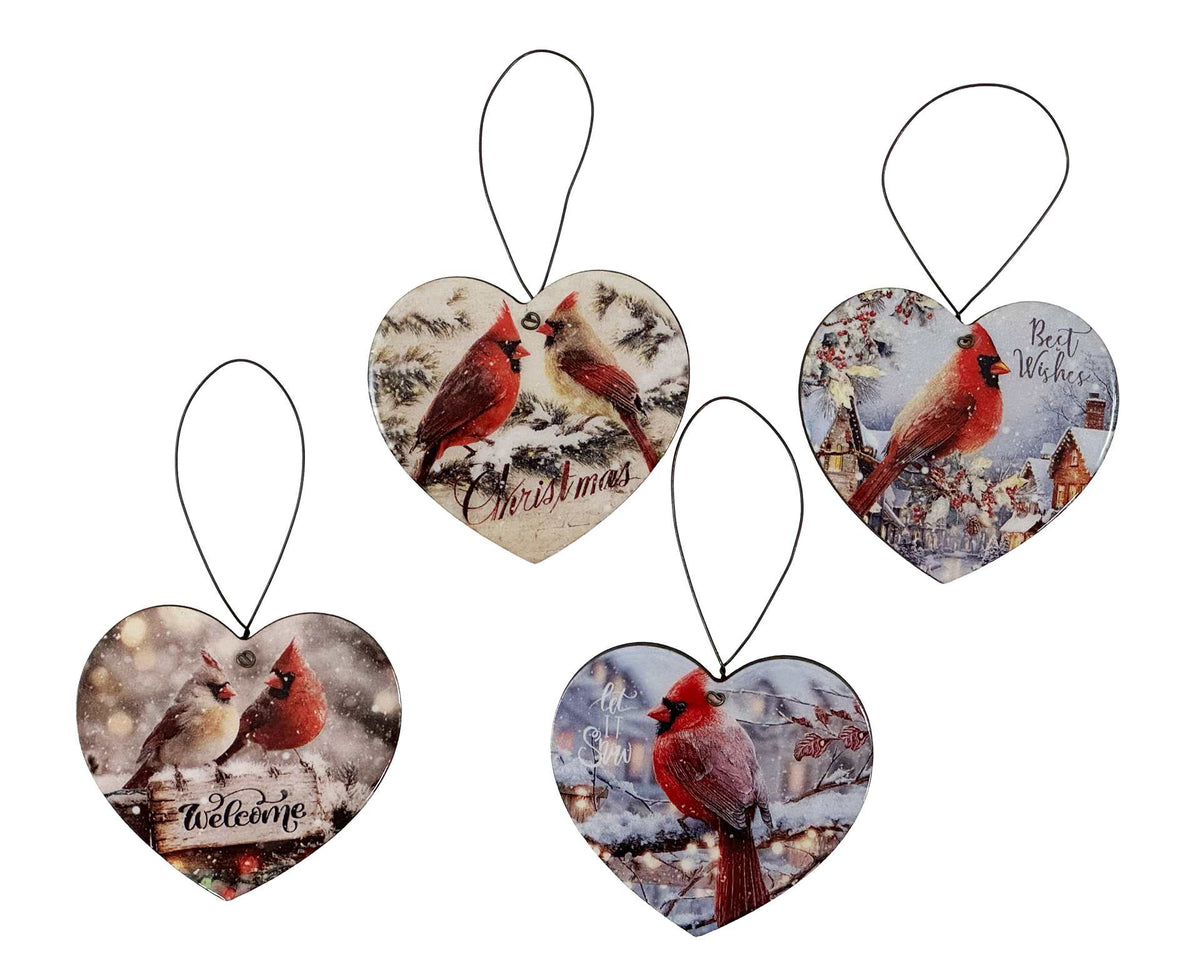 Glossy Winter Cardinal Heart Shaped Ornament