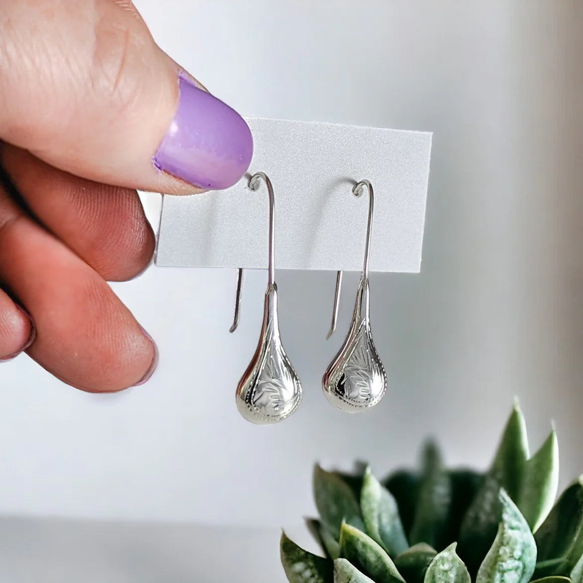 Tear-Drop Etched Earrings in Sterling Silver