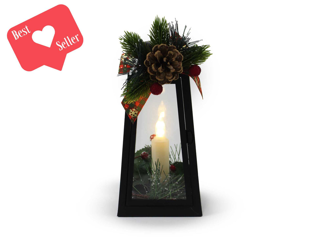 Plastic Lantern with LED Candle and Greenery